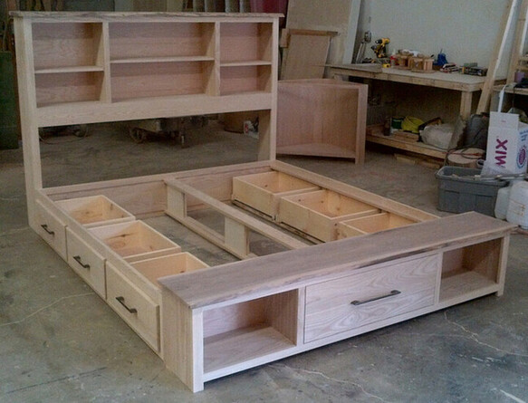 Solid Wood Ash Platform Bed with Storage Drawers and Bookcase Headboard and Storage Foot Board with Live Edge Walnut Tops