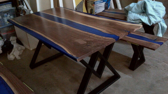Solid Wood Walnut Table and Bench with Double Diamond Legs and Ocean Blue Epoxy Pour River